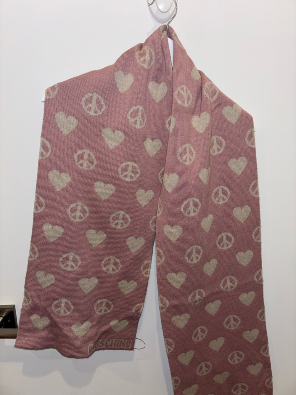 Moschino Pink and Cream Heart & Peace Pattern Knit Scarf